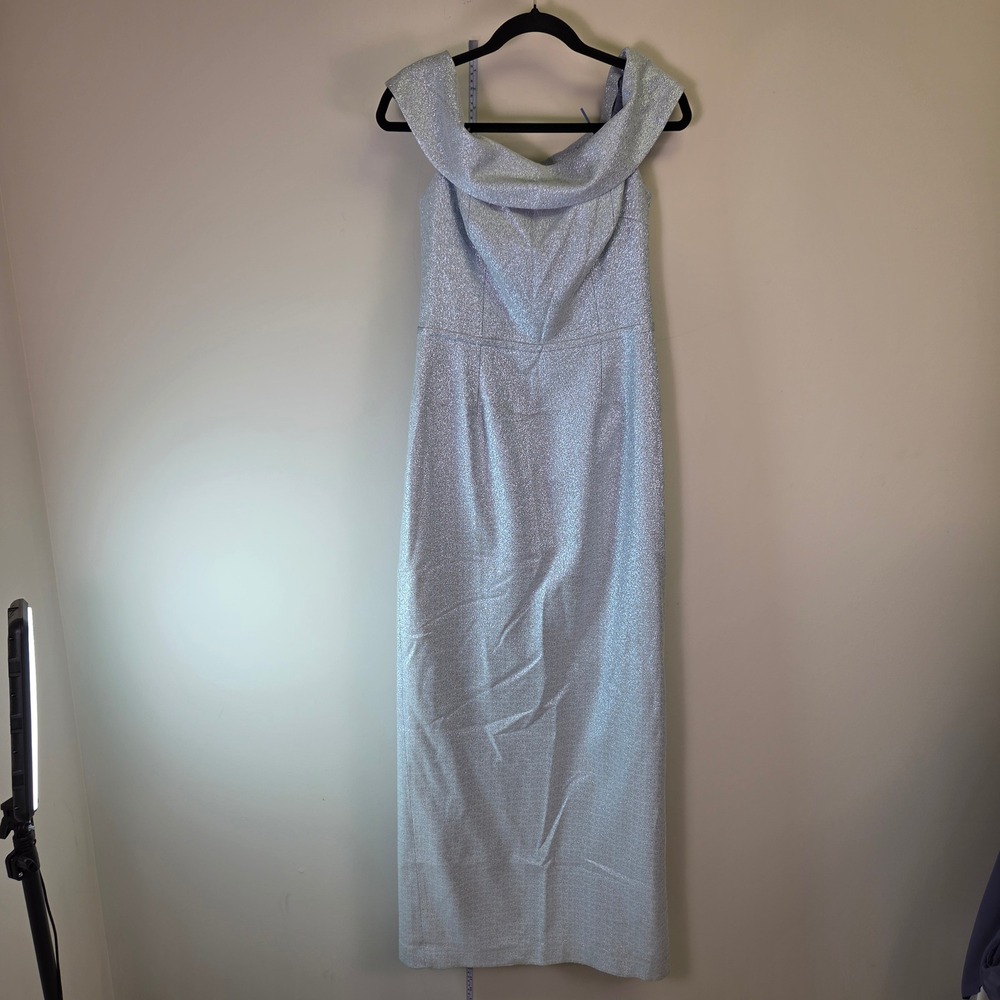 Silver Metallic Off the Shoulder Maxi Dress Shimmer Portrait Neck Gown D175